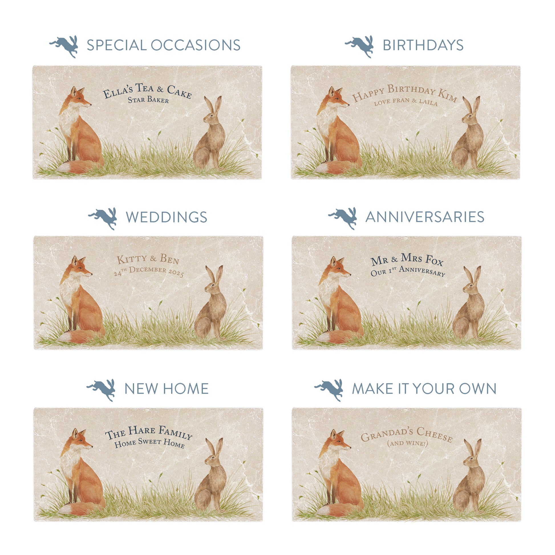 Collection of marble sharing platters showing the personalisation options available for all occasions including birthdays, weddings, anniversaries and new home gifts.