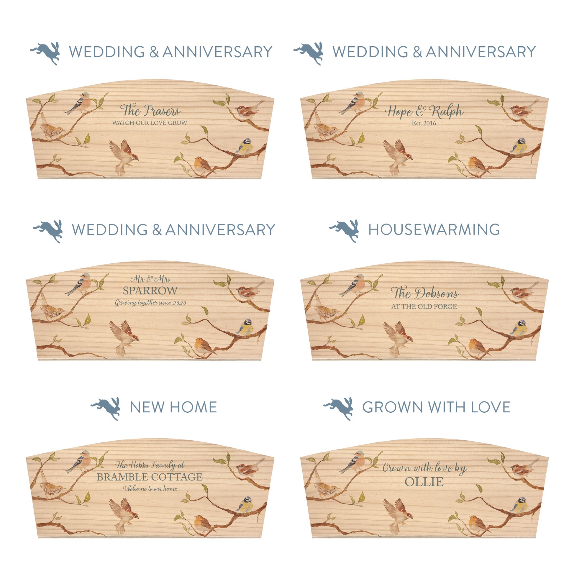 Personalised phrase options for an arched wooden planter box with a watercolour design of garden birds on branches. Choose your phrase to suit any occasion including birthday, wedding, anniversary, engagement, and new home.