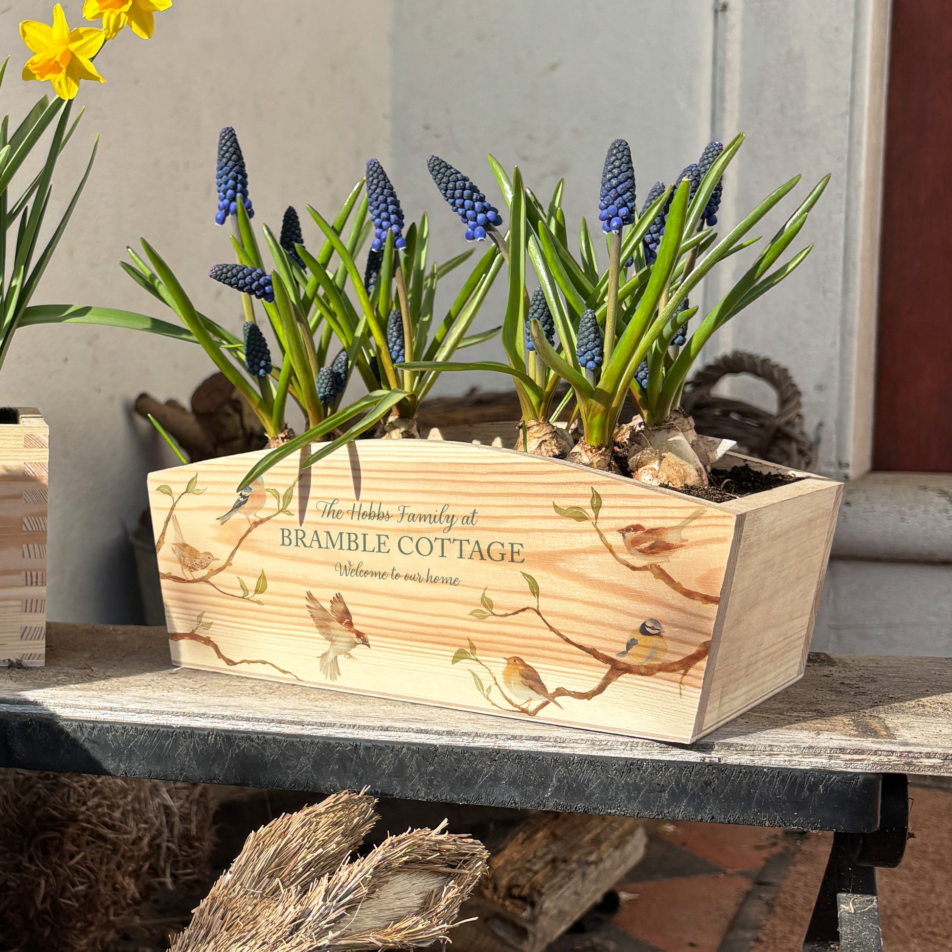 An arched wooden planter box full of spring bulbs. The planter box shows a watercolour design of garden birds on branches. The planter can be personalised with names and a selection of phrases, making it an ideal gift for any occasion.