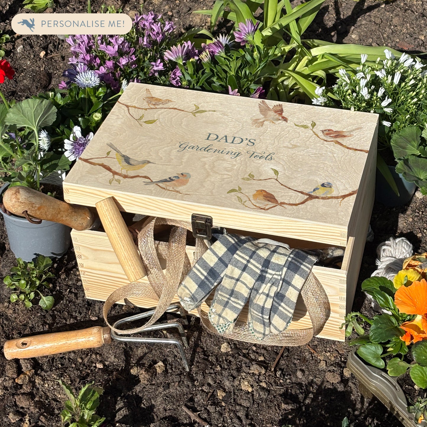 Large wooden pine gift box, The perfect Personalised keepsake, memory box, storage box. This design features a wren, Robin, Wagtail, blue tit, sparrow and chaffinch on branches. The stunning design is in a classic  gentle watercolour style. great for storing garden seeds, tools, twine and bits and bobs