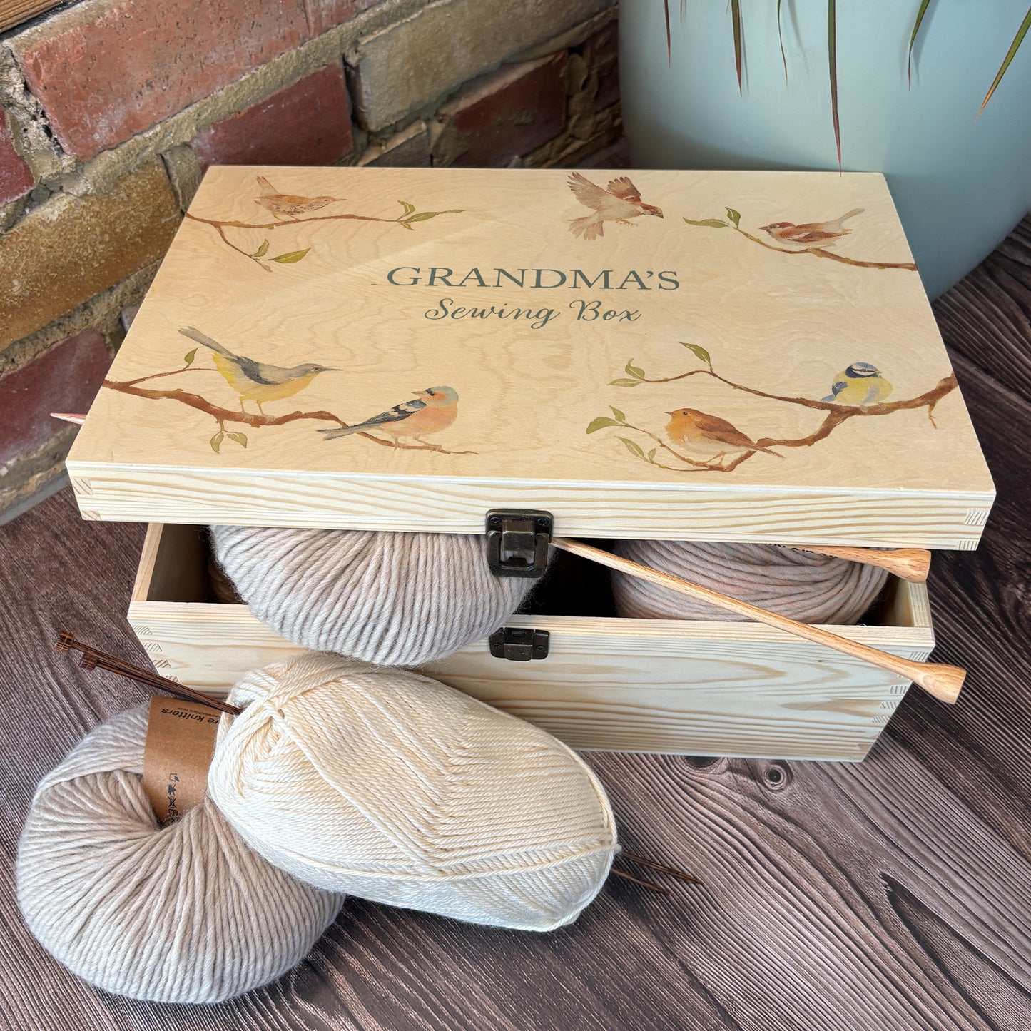 Large wooden pine gift box, The perfect Personalised keepsake, memory box, storage box. This design features a wren, Robin, Wagtail, blue tit, sparrow and chaffinch on branches. The stunning design is in a classic  gentle watercolour style.  perfect for storing knitting and sewing equipment 