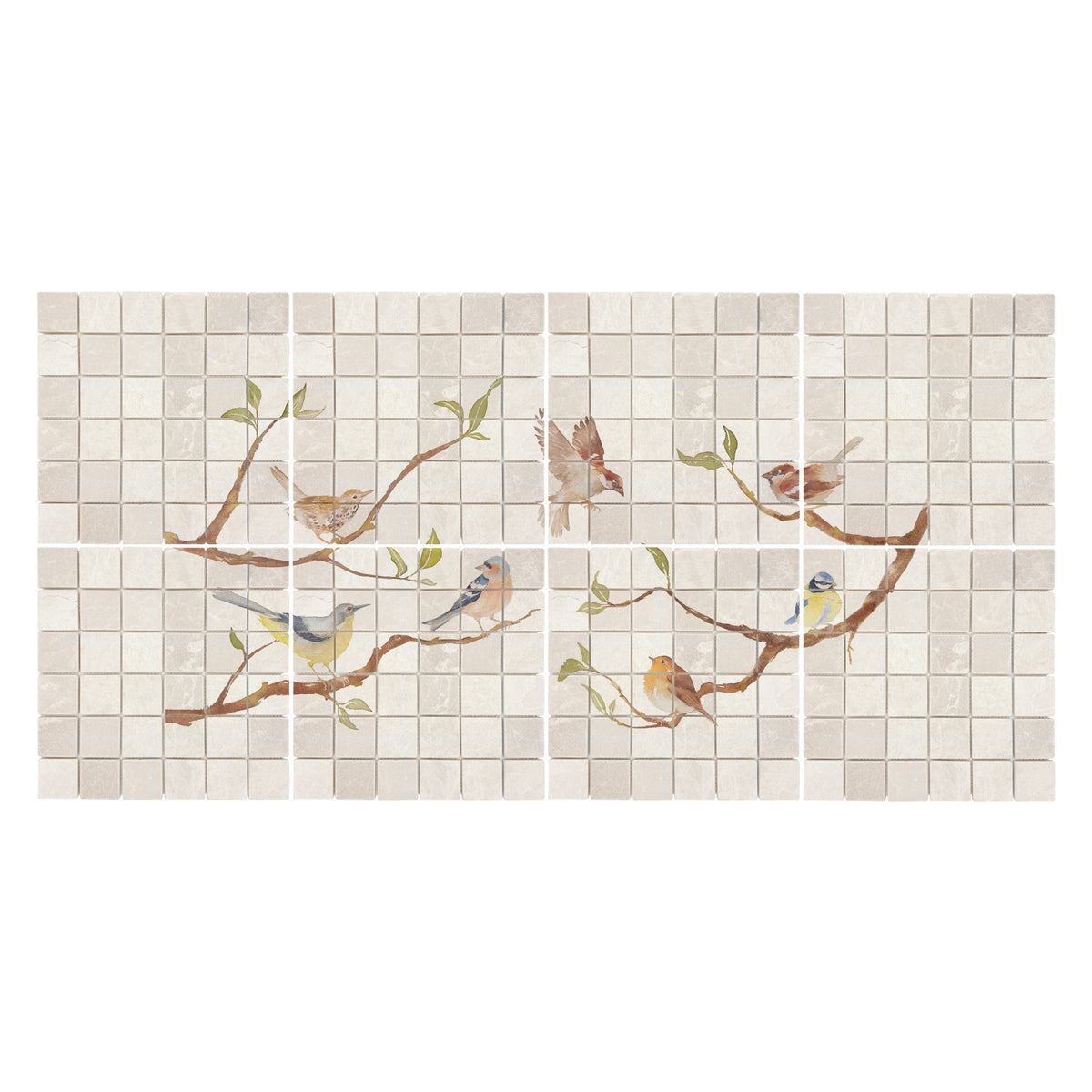 Luxury decorative mural featuring a traditional British countryside landscape of birds on Branches. 