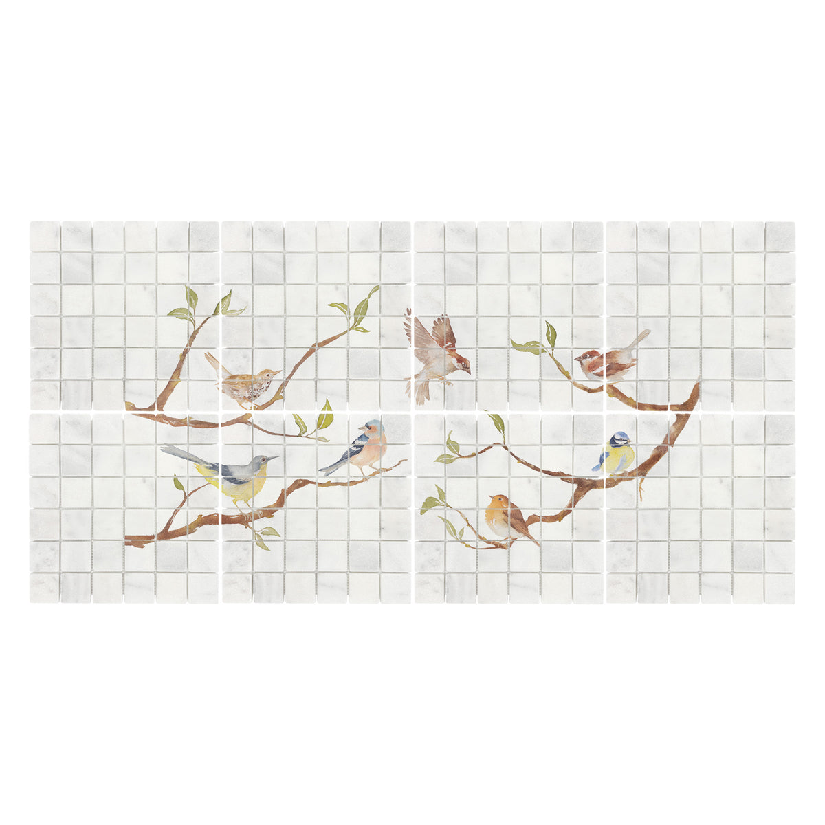 Luxury decorative mural featuring a traditional British countryside landscape of birds on Branches. 