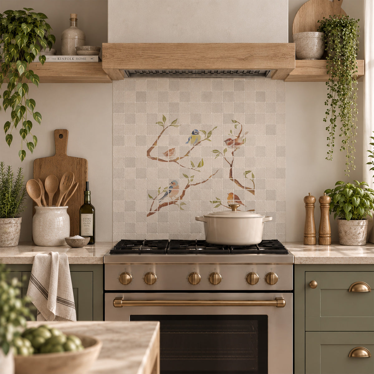 Luxury decorative mural featuring a traditional British countryside landscape of birds on Branches. 