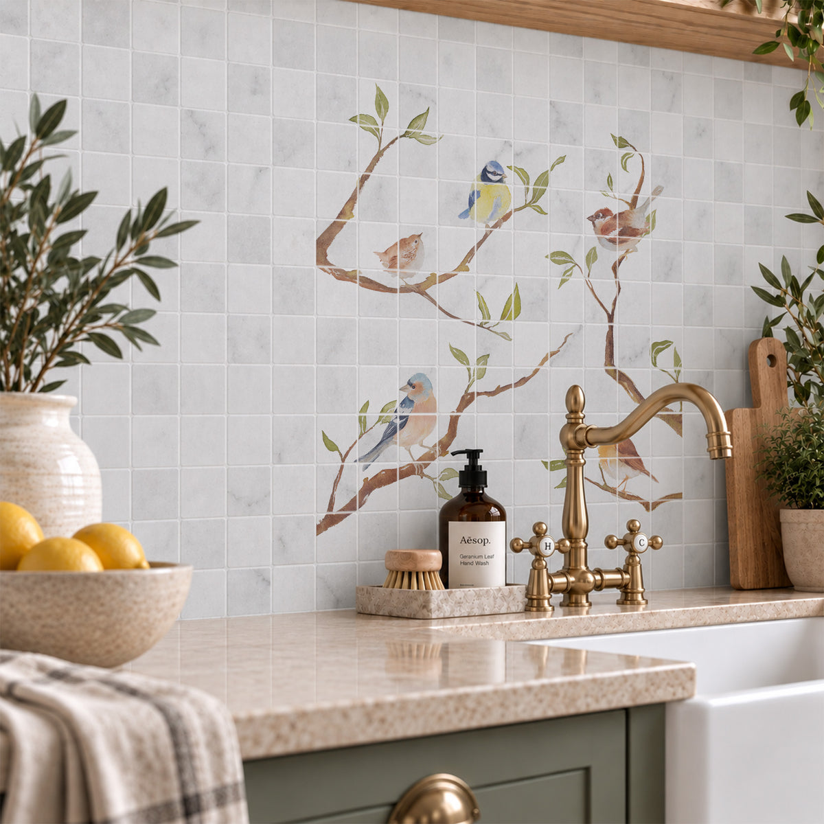 Luxury decorative mural featuring a traditional British countryside landscape of birds on Branches. 