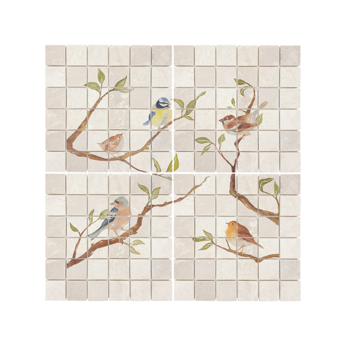 Luxury decorative mural featuring a traditional British countryside landscape of birds on Branches. 