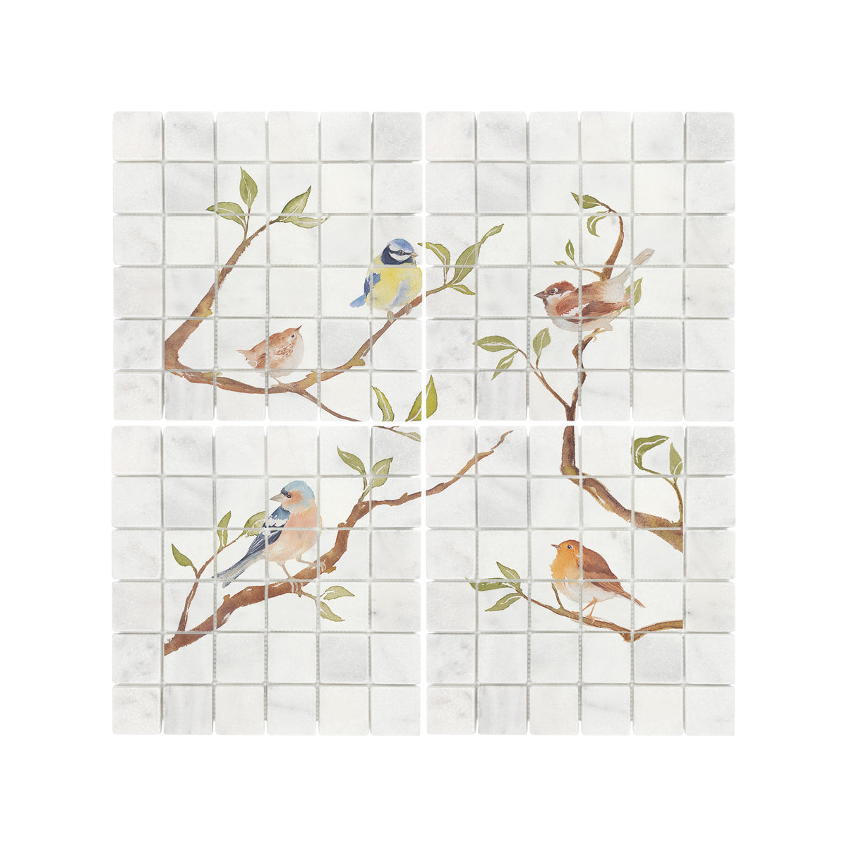 Luxury decorative mural featuring a traditional British countryside landscape of birds on Branches. 