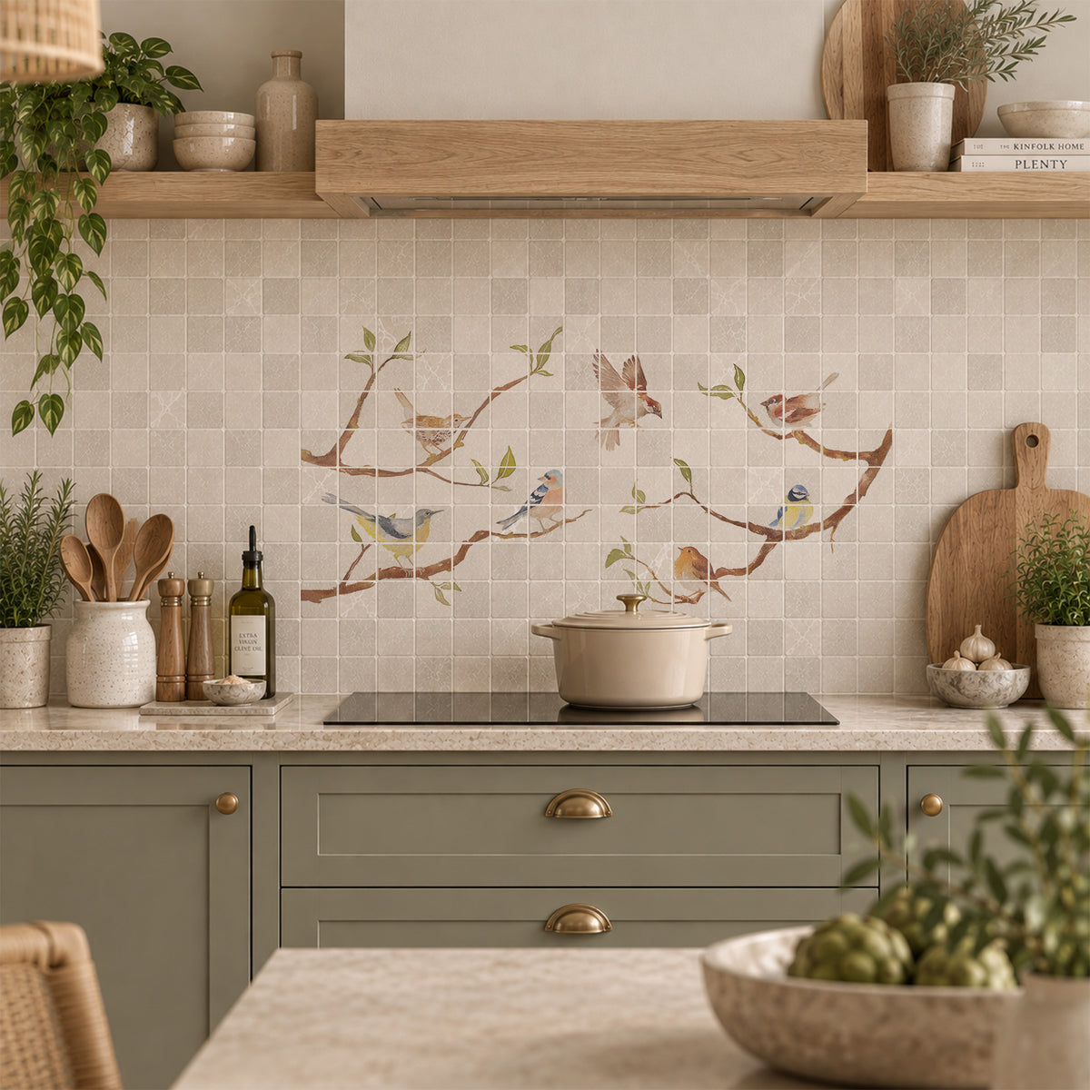 Luxury decorative mural featuring a traditional British countryside landscape of birds on Branches. 