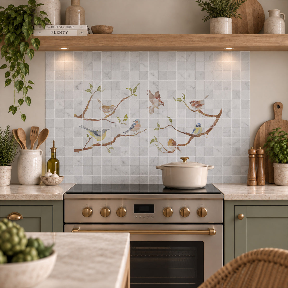 Luxury decorative mural featuring a traditional British countryside landscape of birds on Branches. 