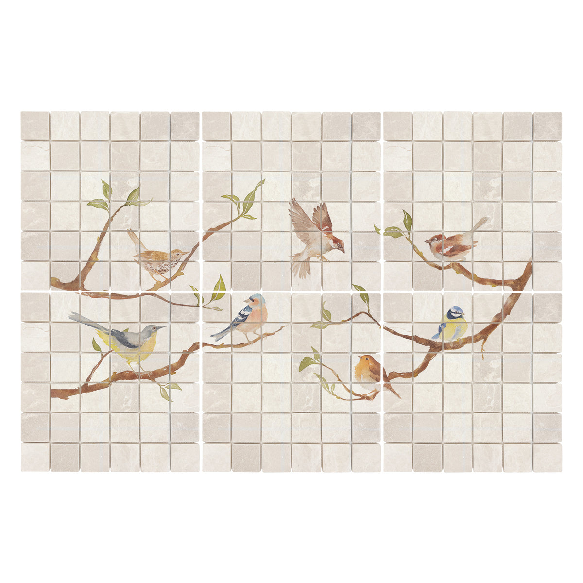 Luxury decorative mural featuring a traditional British countryside landscape of birds on Branches. 