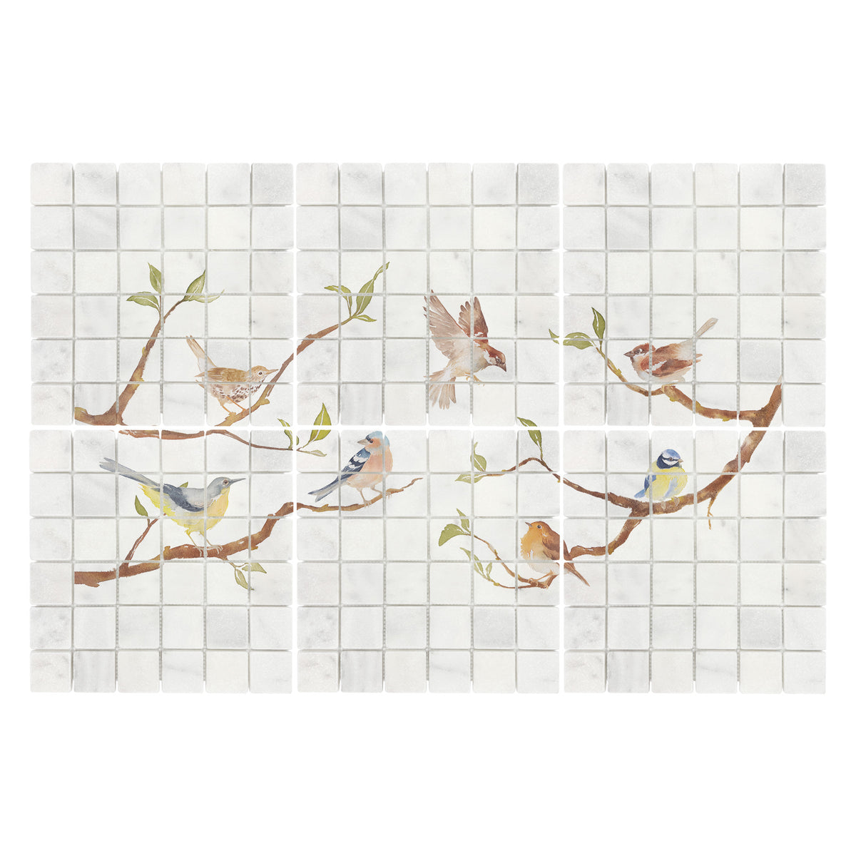 Luxury decorative mural featuring a traditional British countryside landscape of birds on Branches. 