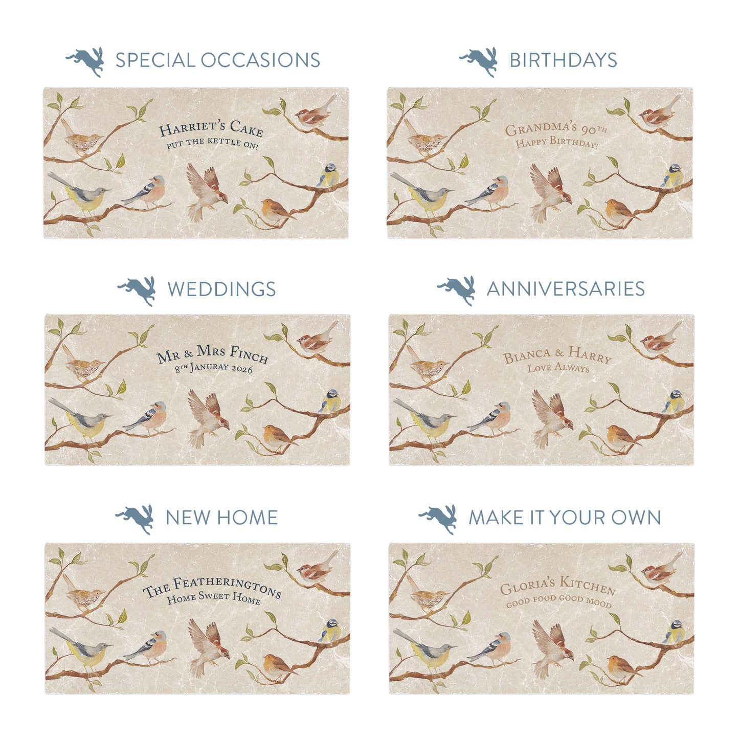 Collection of marble sharing platters showing the personalisation options available for all occasions including birthdays, weddings, anniversaries and new home gifts.