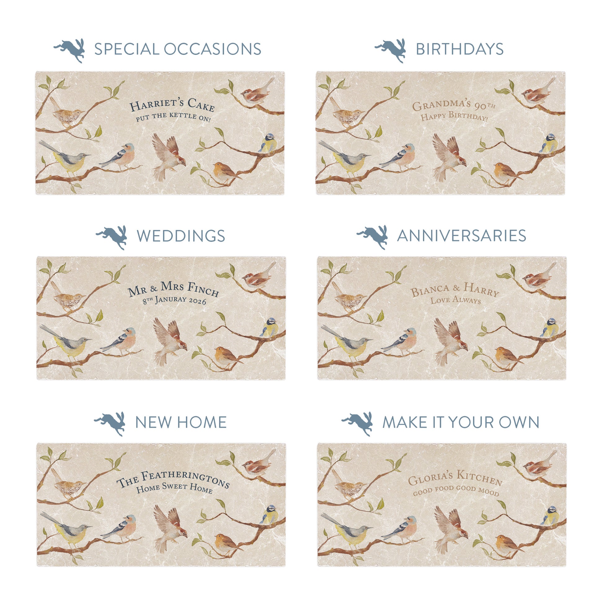 Collection of marble sharing platters showing the personalisation options available for all occasions including birthdays, weddings, anniversaries and new home gifts.