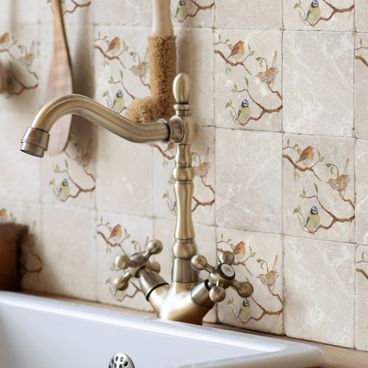 British Garden Birds on branches in a watercolour style .  British Garden Birds on branches in a watercolour style The perfect backsplash tile.