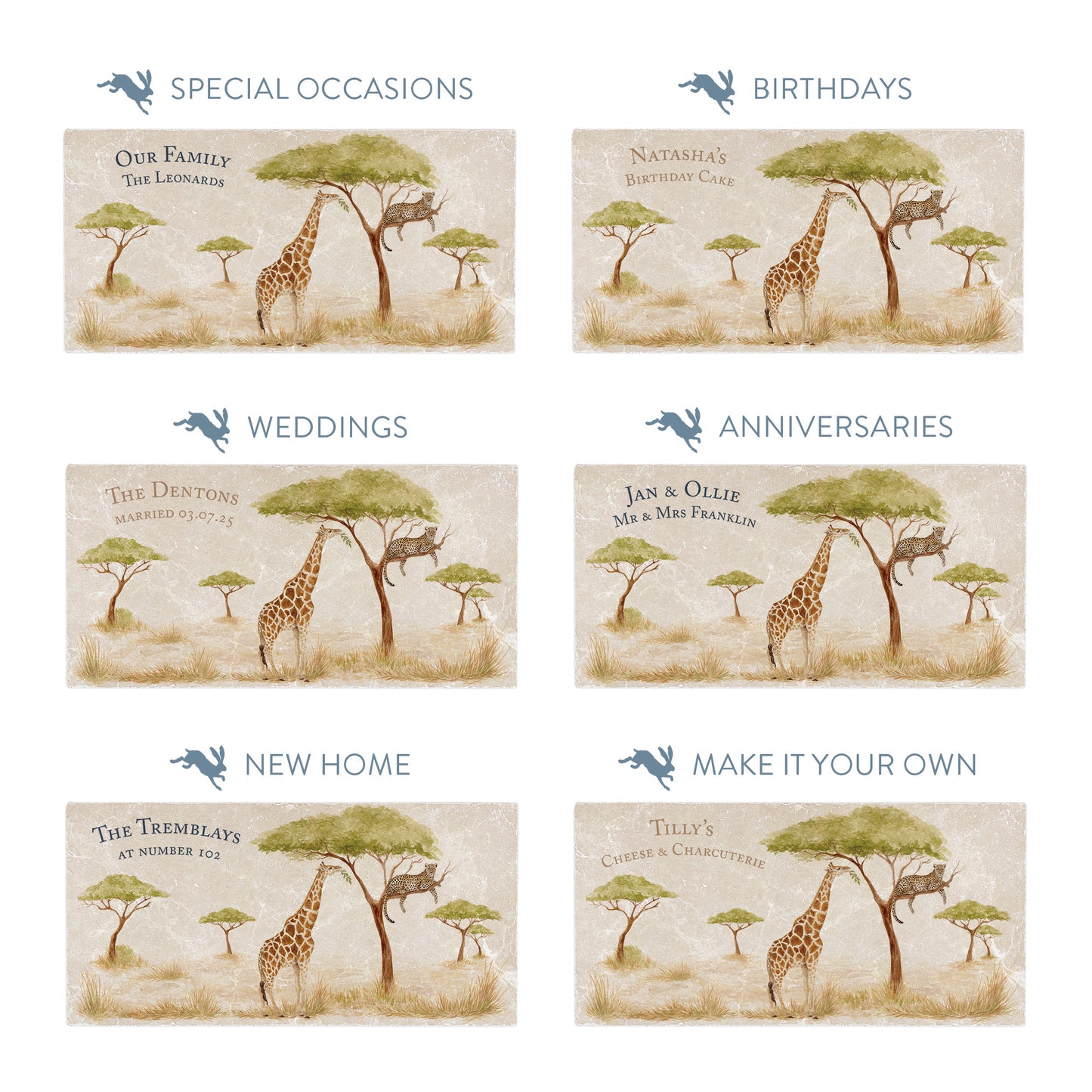 Collection of marble sharing platters showing the personalisation options available for all occasions including birthdays, weddings, anniversaries and new home gifts.