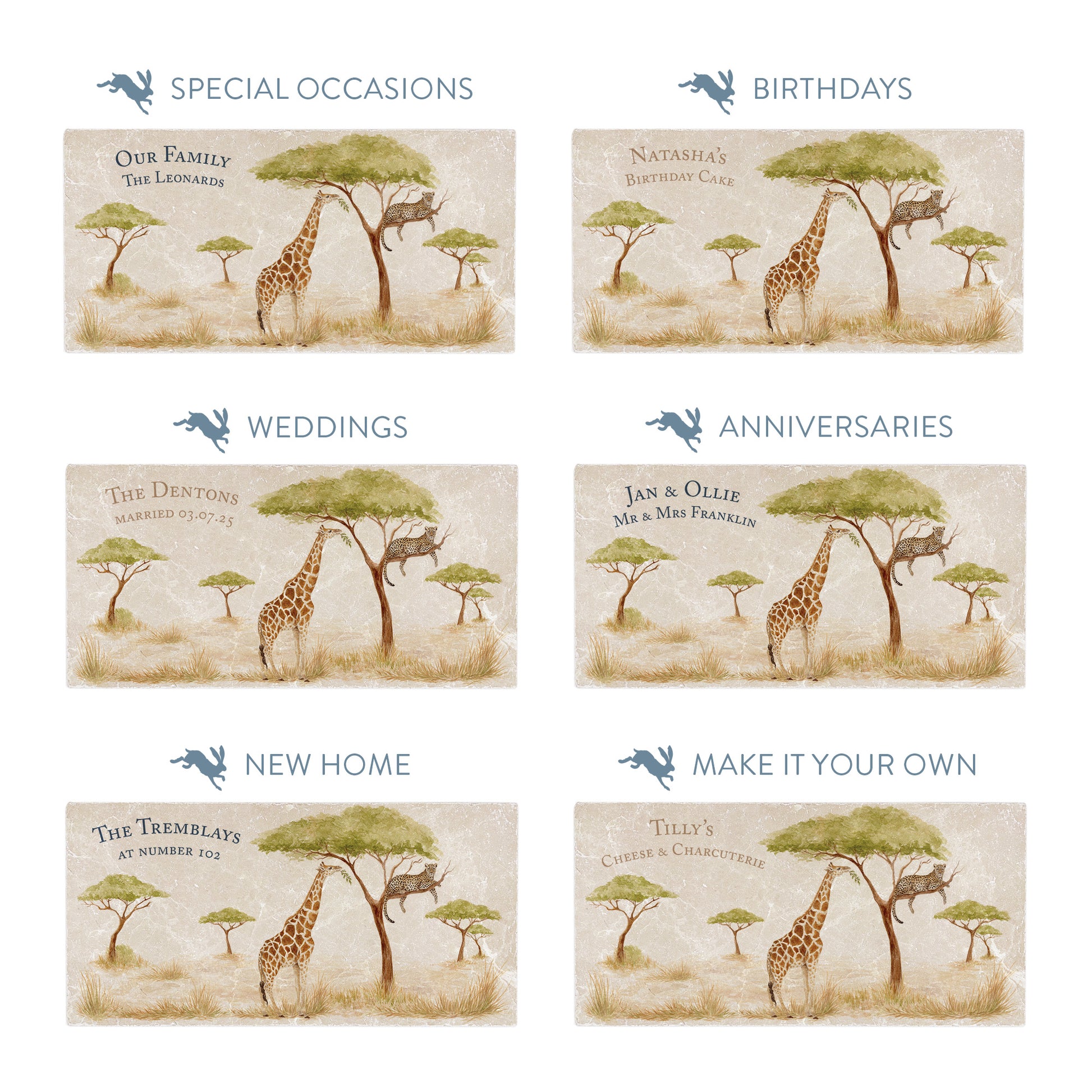 Collection of marble sharing platters showing the personalisation options available for all occasions including birthdays, weddings, anniversaries and new home gifts.