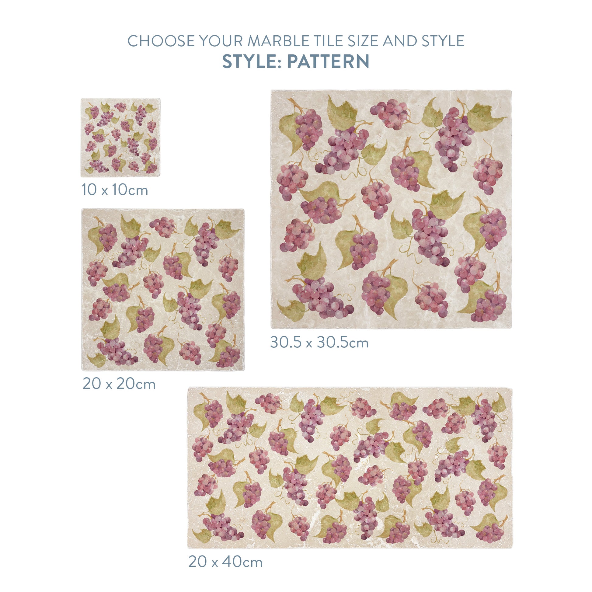 A selection of marble splashback tiles with a grape patthen, the tiles are available in 4 sizes.
