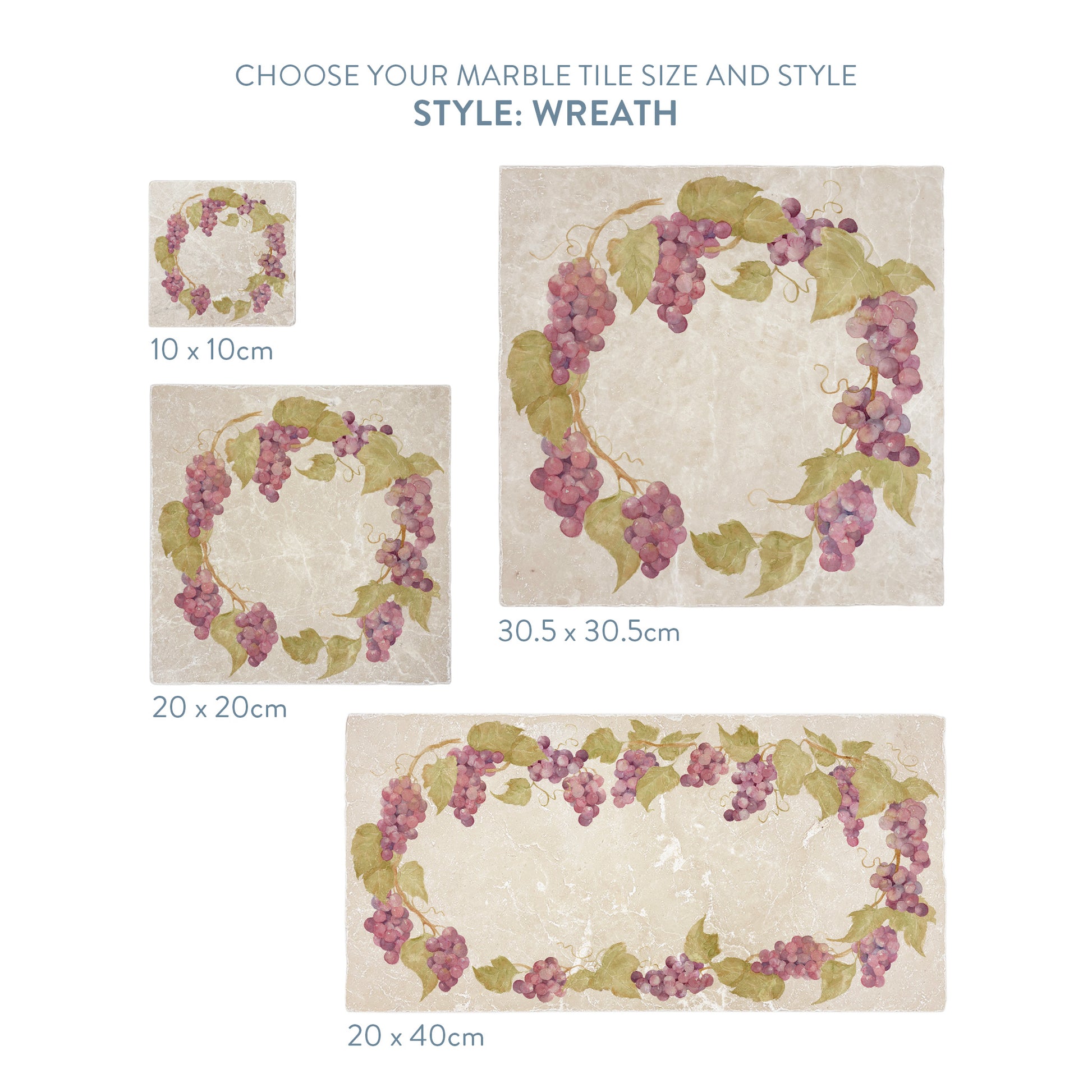 A selection of marble splashback tiles with a grape wreath design, the tiles are available in 4 sizes.