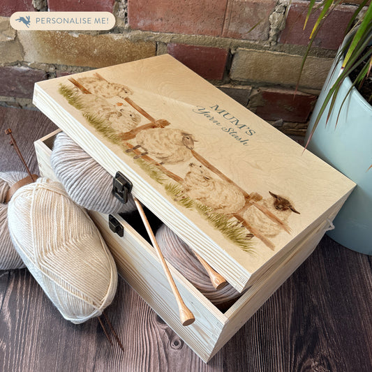 Large wooden pine gift box, The perfect Personalised keepsake, multipurpose, memory box, storage box with a group of sheep lined up at a fence with a robin sat on the edge.  The design  features our classic gentle watercolour style. The best was to offer a truly unique gift for a loved one. Great for gift for grans, mums, great grandparents and knitting and sewing enthusiast. 