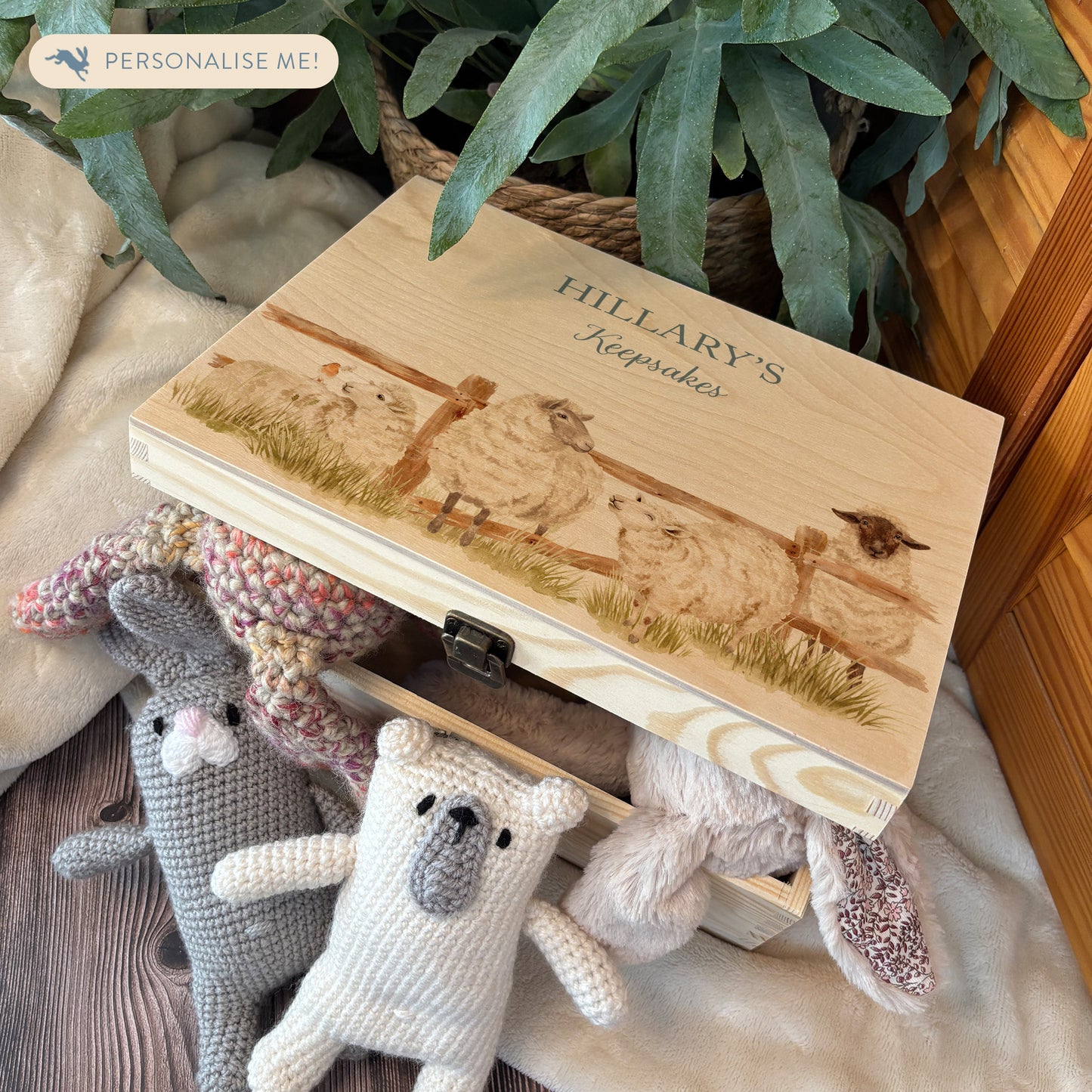 Medium wooden pine gift box, The perfect Personalised keepsake, multipurpose, memory box, storage box with a group of sheep lined up at a fence with a robin sat on the edge.  The design  features our classic gentle watercolour style. The best was to offer a truly unique gift for a loved one. 