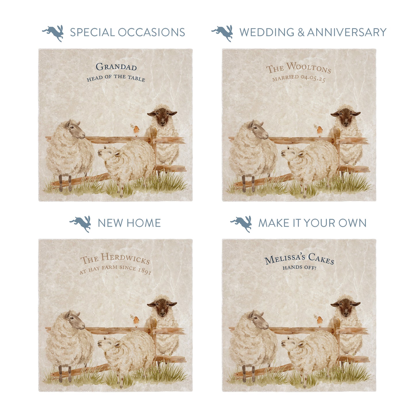 Collection of large marble platters showing the personalisation options available for all occasions including birthdays, weddings, anniversaries and new home gifts.