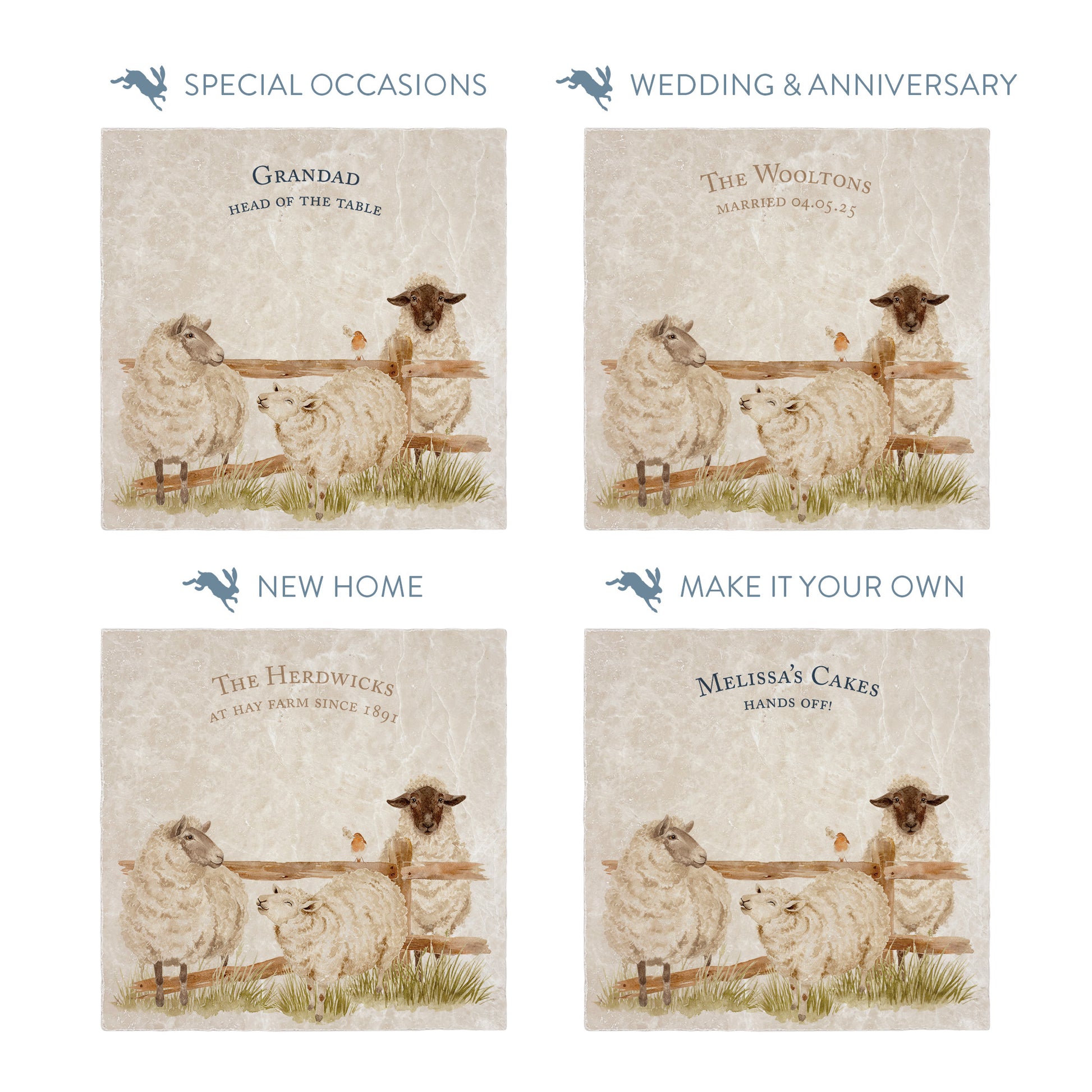 Collection of large marble platters showing the personalisation options available for all occasions including birthdays, weddings, anniversaries and new home gifts.