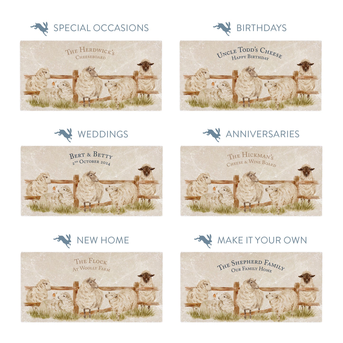 Personalised rectangular marble sharing platters featuring a flock of sheep in a watercolour style. The image shows the personalisation options making them ideal handmade gifts for birthdays, weddings, anniversaries and special occasions.