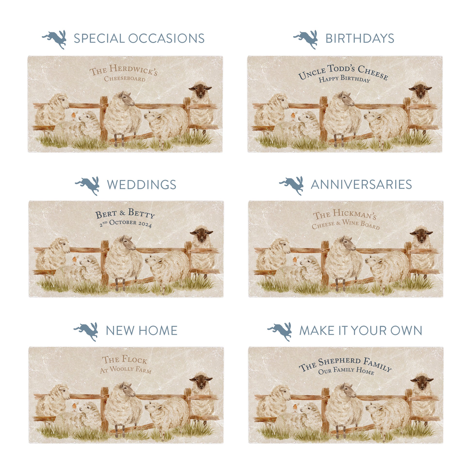 Personalised rectangular marble sharing platters featuring a flock of sheep in a watercolour style. The image shows the personalisation options making them ideal handmade gifts for birthdays, weddings, anniversaries and special occasions.