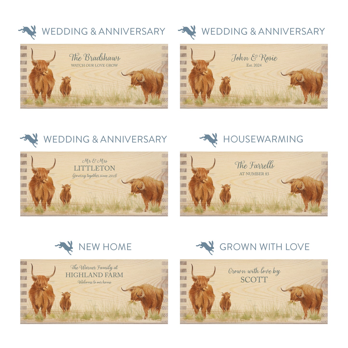 Personalised phrase options for a rectangle wooden planter box with a watercolour design of a hairy highland cow family. Choose your phrase to suit any occasion including birthday, wedding, anniversary, engagement, and new home.