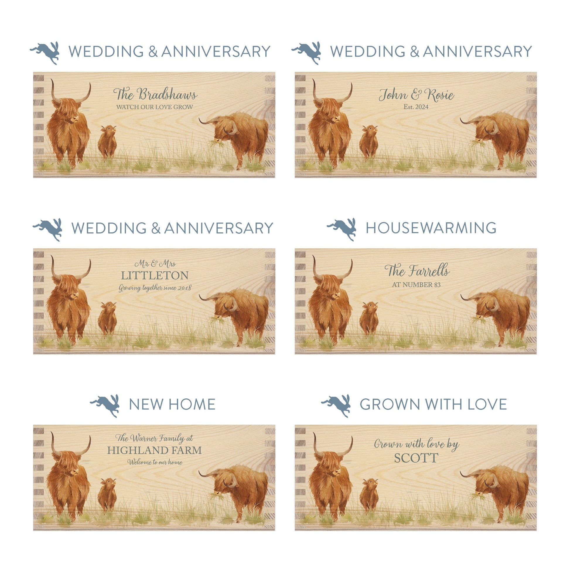 Personalised phrase options for a rectangle wooden planter box with a watercolour design of a hairy highland cow family. Choose your phrase to suit any occasion including birthday, wedding, anniversary, engagement, and new home.