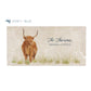 A personalised rectangular marble sharing platter featuring a highland cow in a watercolour style. The example personalised dark blue text reads ‘The Thorntons Bramble Cottage’ in a brush script font.