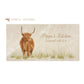 A personalised rectangular marble sharing platter featuring a highland cow in a watercolour style. The example personalised neutral colour text reads ‘Priya's Kitchen Seasoned with love’ in a brush script font.