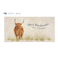 A personalised rectangular marble sharing platter featuring a highland cow in a watercolour style. The example personalised dark blue text reads ‘Mr & Mrs Knight Est. 2nd July 2024’ in a classic serif font.