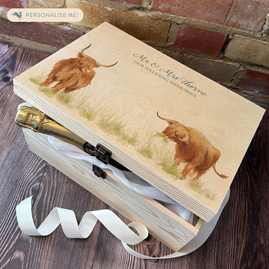 Large wooden pine gift box, The perfect Personalised keepsake, multipurpose, memory box, storage box with two Highland cows in a field. The design  features our classic gentle watercolour style. The best was to offer a truly unique gift for a loved one. great wedding/anniversary gifts.  