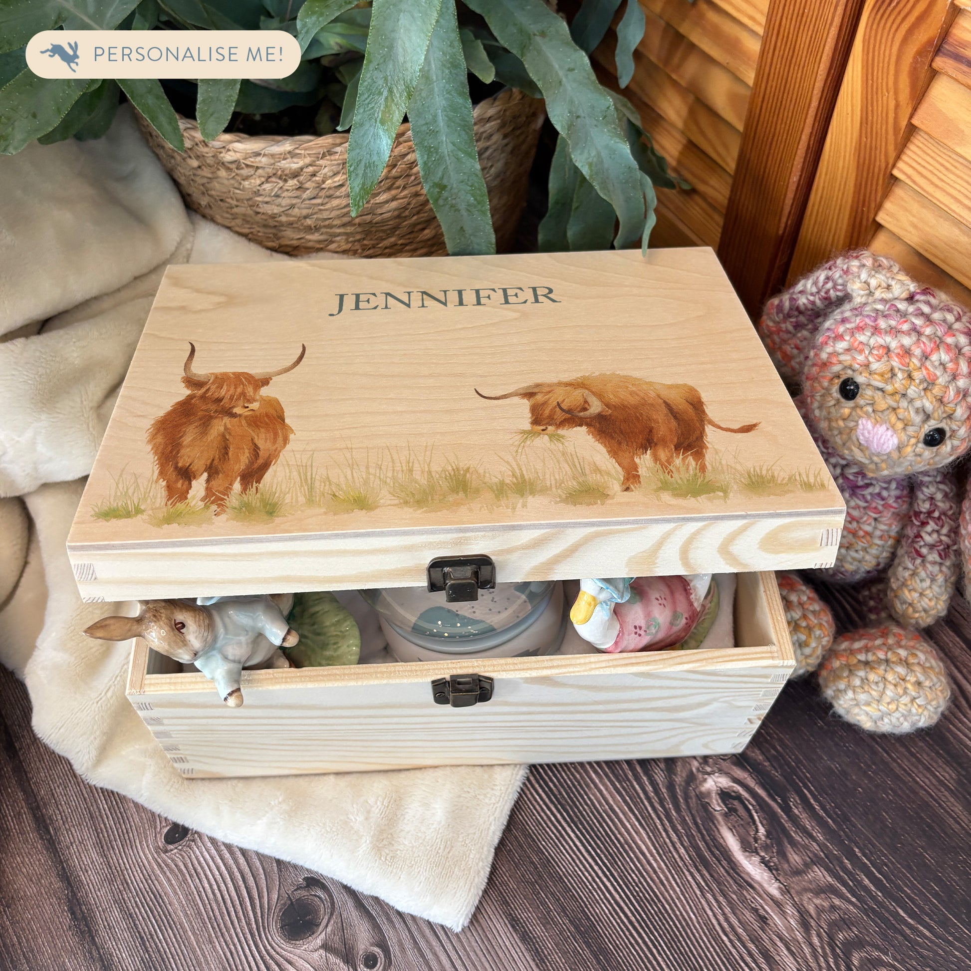 Medium wooden pine gift box, The perfect Personalised keepsake, multipurpose, memory box, storage box with two Highland cows in a field. The design  features our classic gentle watercolour style. The best was to offer a truly unique gift for a loved one. Garden enthusiast, garden tools, garden lover 