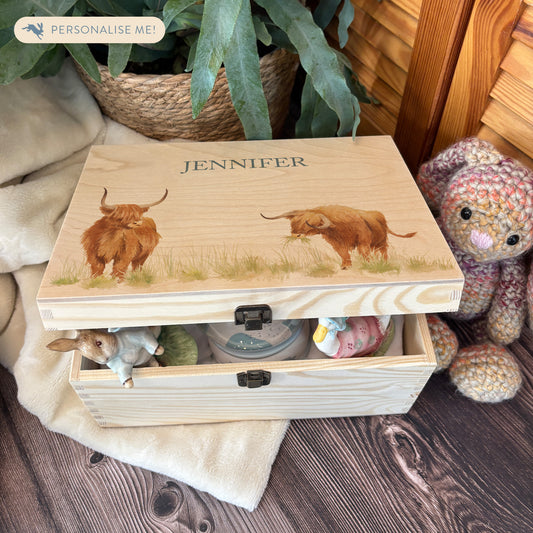 Medium wooden pine gift box, The perfect Personalised keepsake, multipurpose, memory box, storage box with two Highland cows in a field. The design  features our classic gentle watercolour style. The best was to offer a truly unique gift for a loved one. Garden enthusiast, garden tools, garden lover 