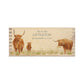 A rectangle wooden planter box with a watercolour design of a hairy highland cow family. The planter can be personalised with a name and a selection of custom phrases to suit any occasion including birthday, wedding, anniversary, engagement, and new home.