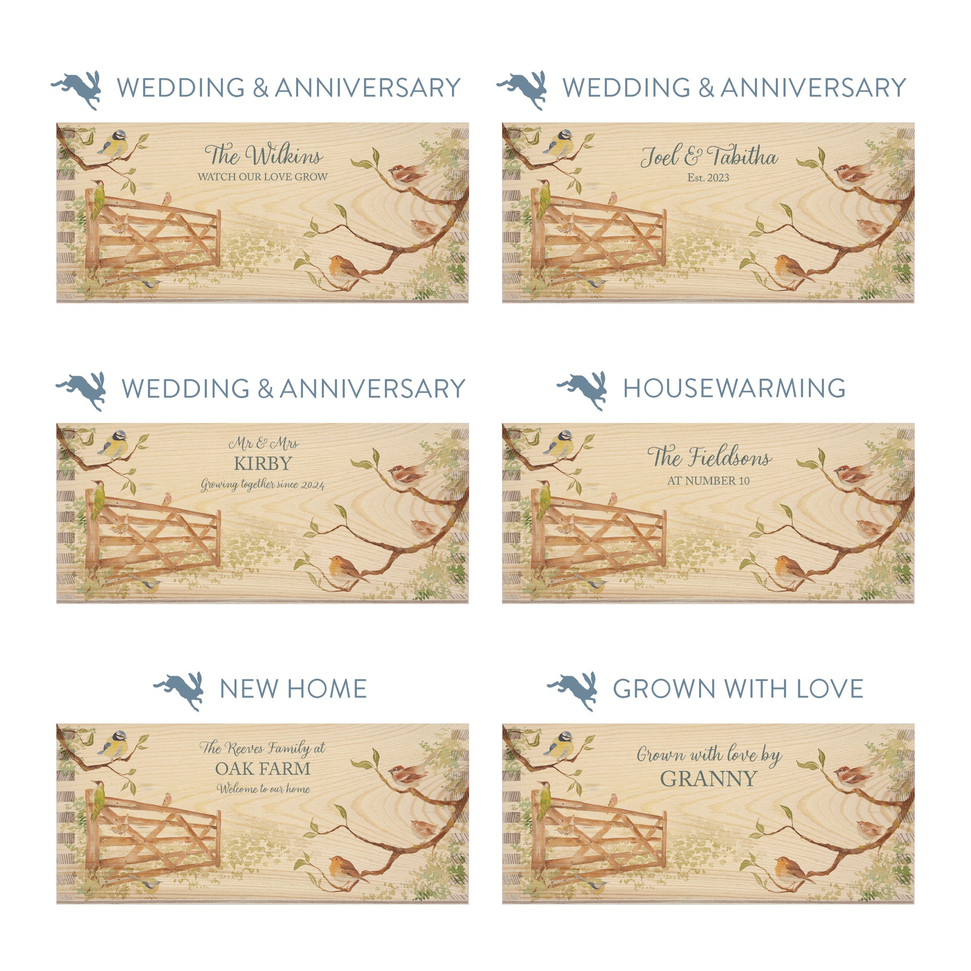 Personalised phrase options for a rectangle wooden planter box with a watercolour design of a hedgerow full of garden birds around a gate. Choose your phrase to suit any occasion including birthday, wedding, anniversary, engagement, and new home.
