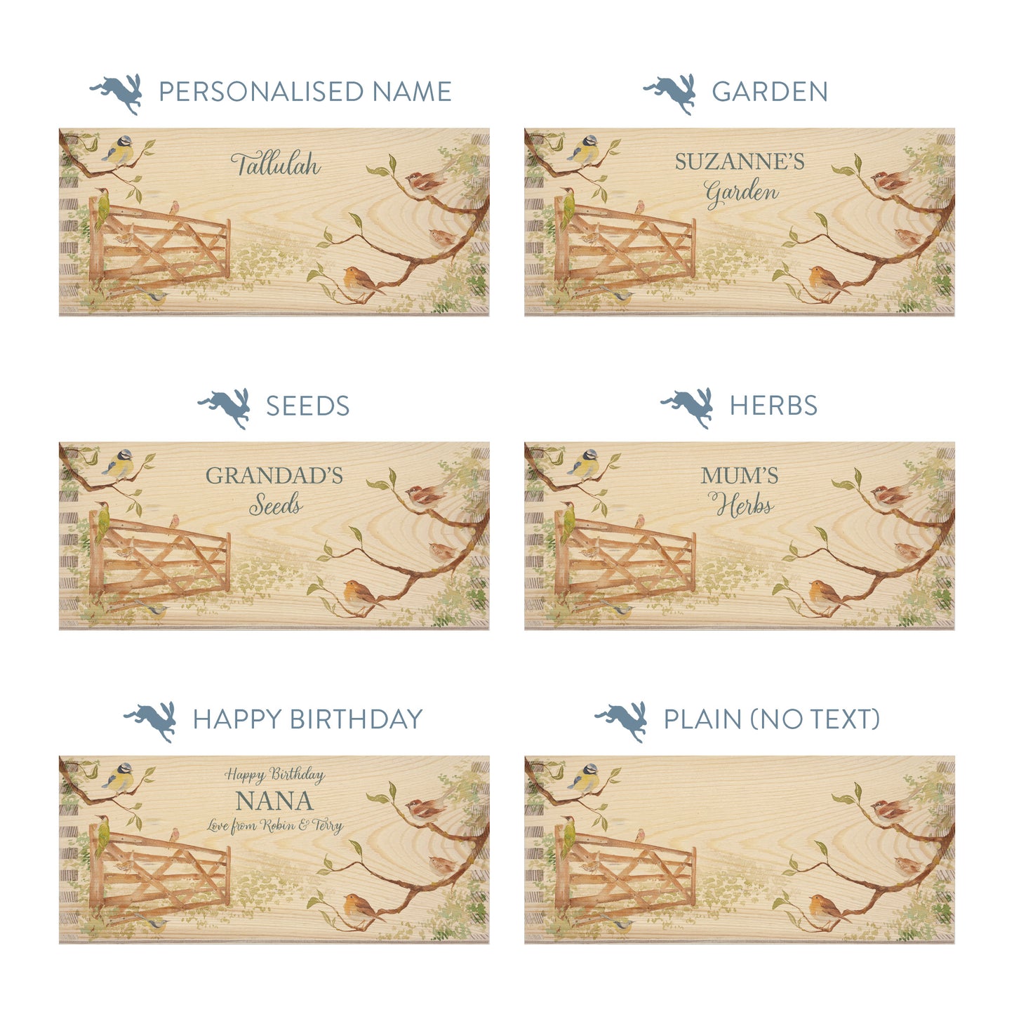 Personalised phrase options for a rectangle wooden planter box with a watercolour design of a hedgerow full of garden birds around a gate. Choose your phrase to suit any occasion including birthday, wedding, new home, and a selection of gardening phrases.