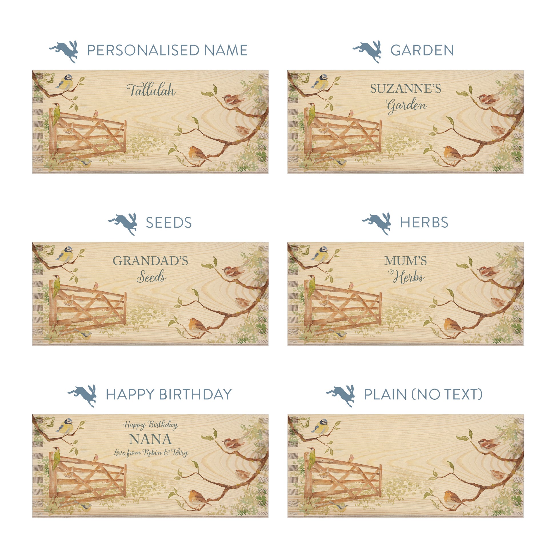Personalised phrase options for a rectangle wooden planter box with a watercolour design of a hedgerow full of garden birds around a gate. Choose your phrase to suit any occasion including birthday, wedding, new home, and a selection of gardening phrases.