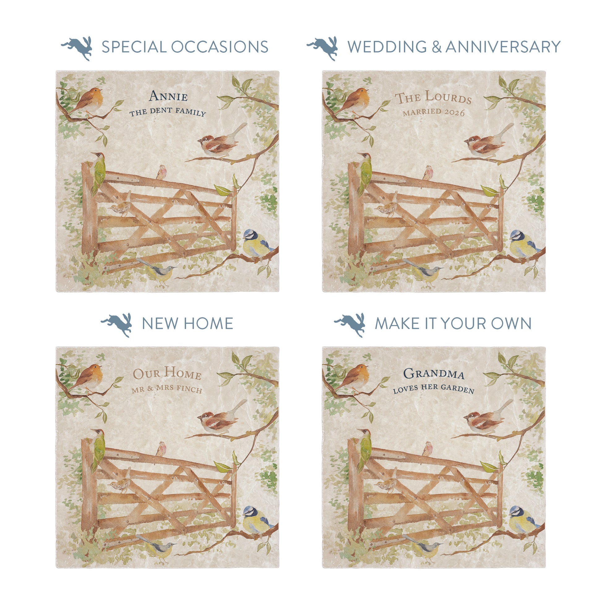 Collection of large marble platters showing the personalisation options available for all occasions including birthdays, weddings, anniversaries and new home gifts.