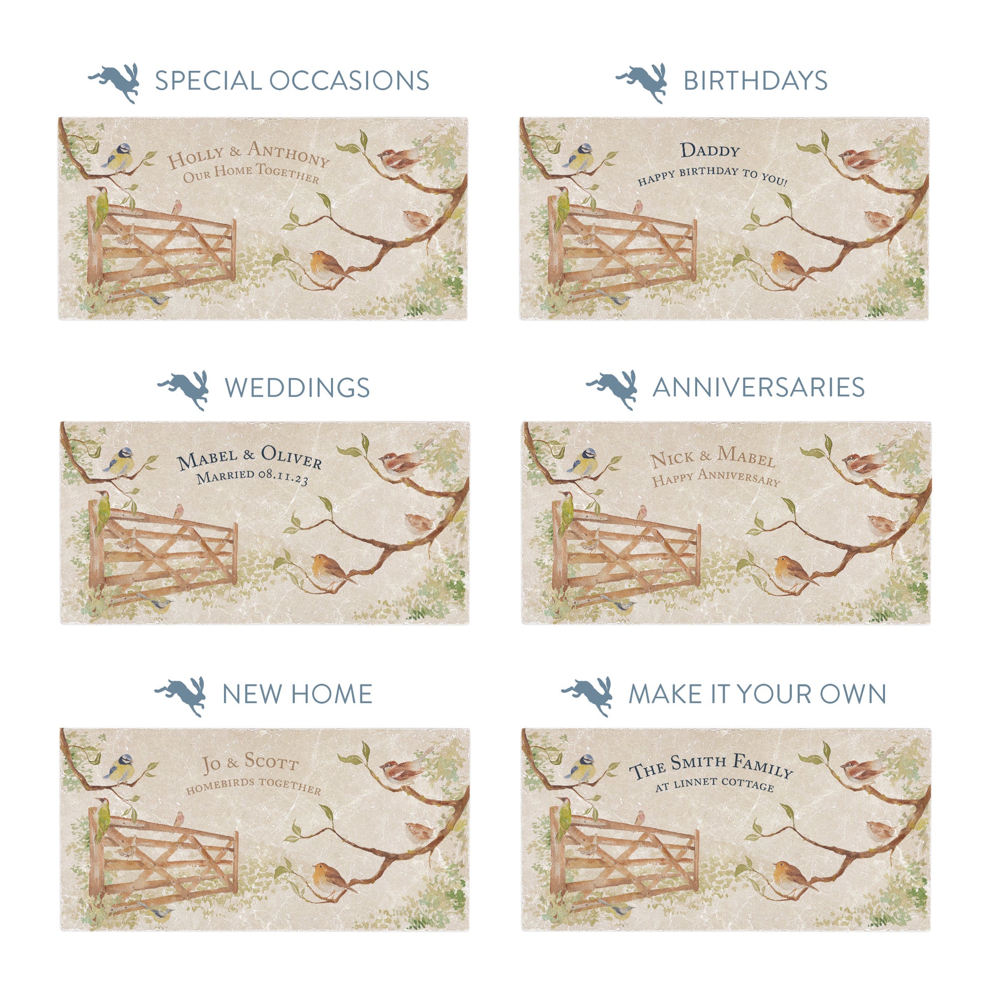 Personalised rectangular marble sharing platters featuring garden birds in a hedgerow in a watercolour style. The image shows the personalisation options making them ideal handmade gifts for birthdays, weddings, anniversaries and special occasions.