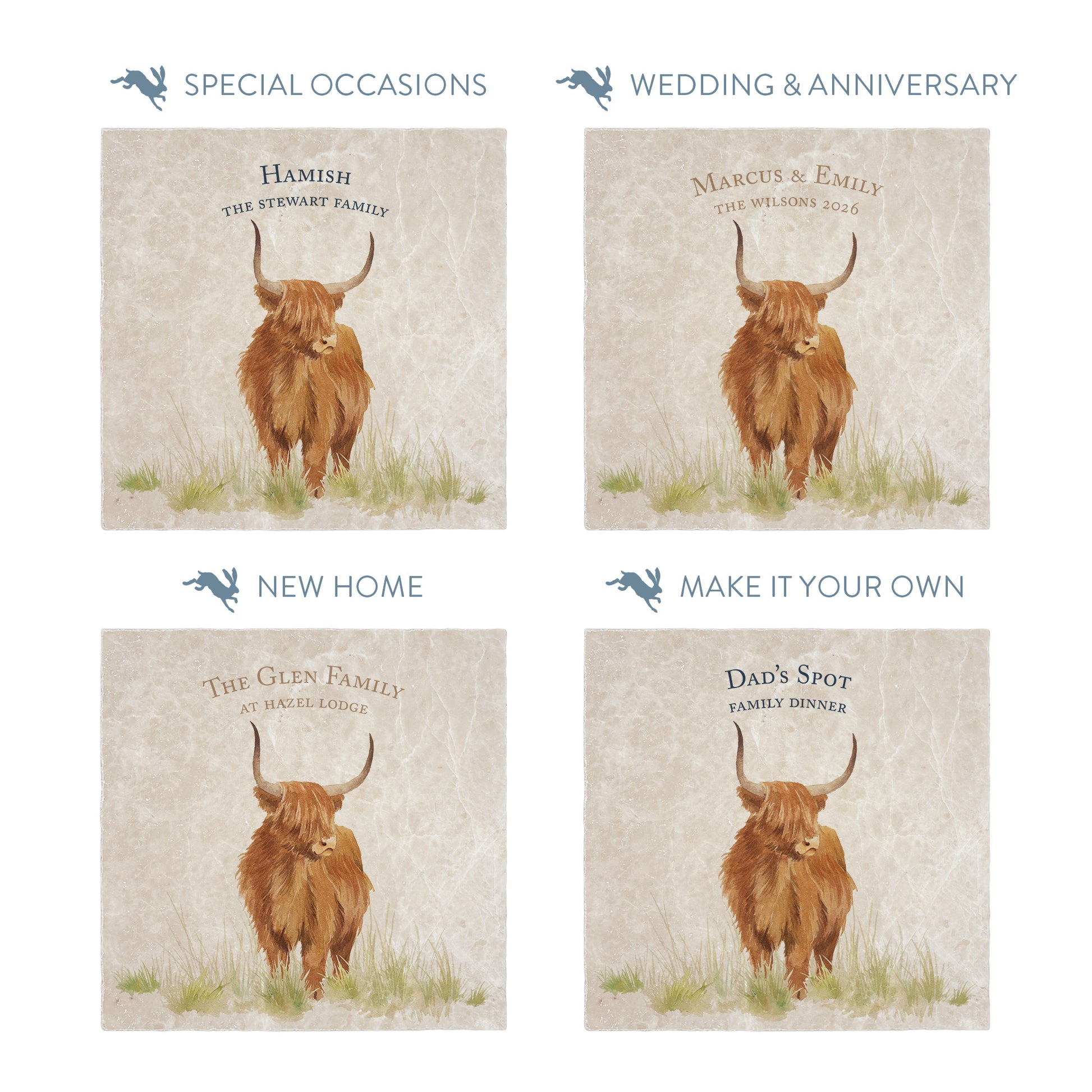 Collection of large marble platters showing the personalisation options available for all occasions including birthdays, weddings, anniversaries and new home gifts.