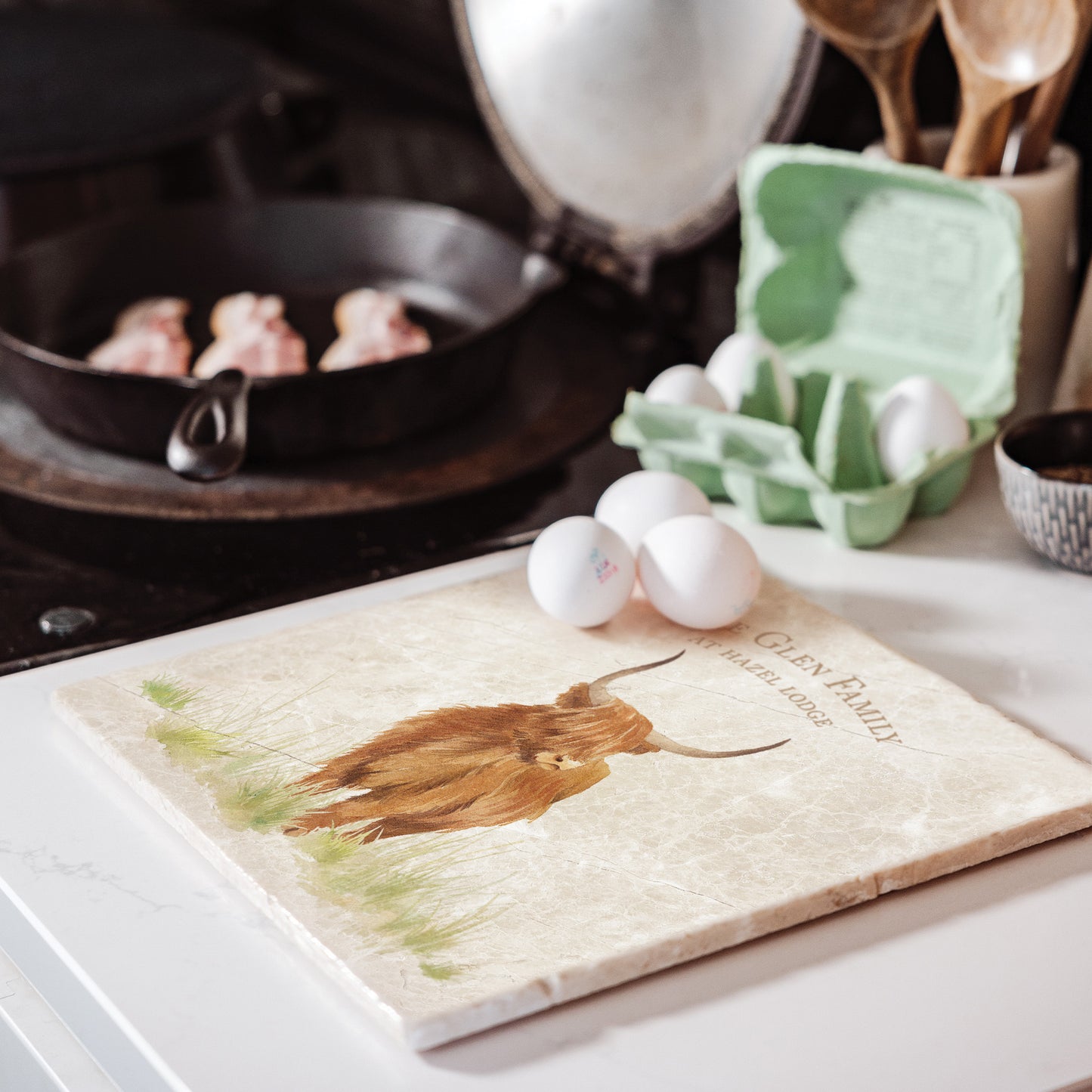 A personalised marble large platter with a highland cow watercolour design. Create a personalised placemat, serving platter, trivet or cheeseboard as a luxury gift.