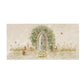 A handmade 20x40cm marble splashback tile featuring a watercolour design of a hidden garden door under a rose archway. 