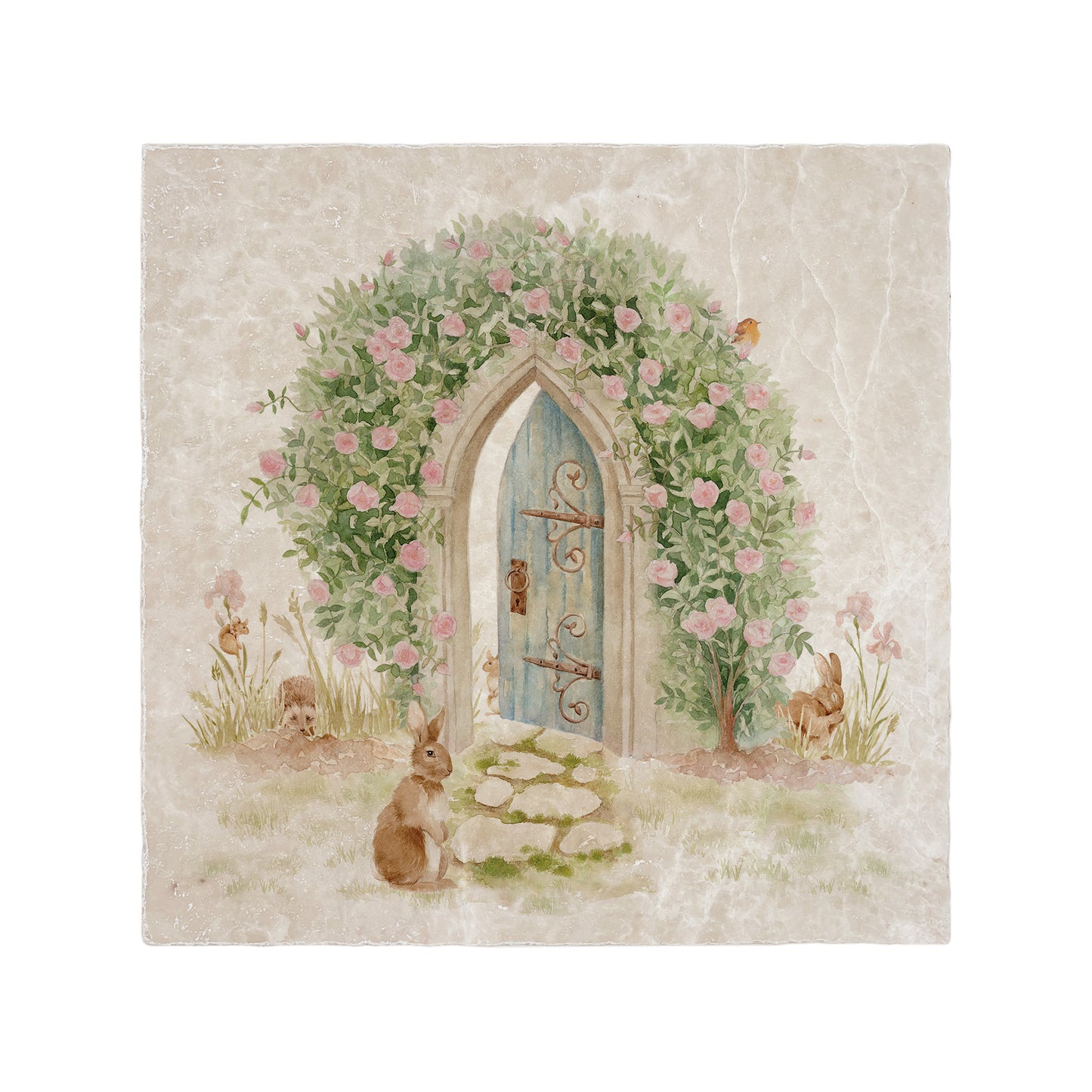 A handmade 30.5x30.5cm marble splashback tile featuring a watercolour countryside animal design of a doorway to a hidden garden under a rose arch.