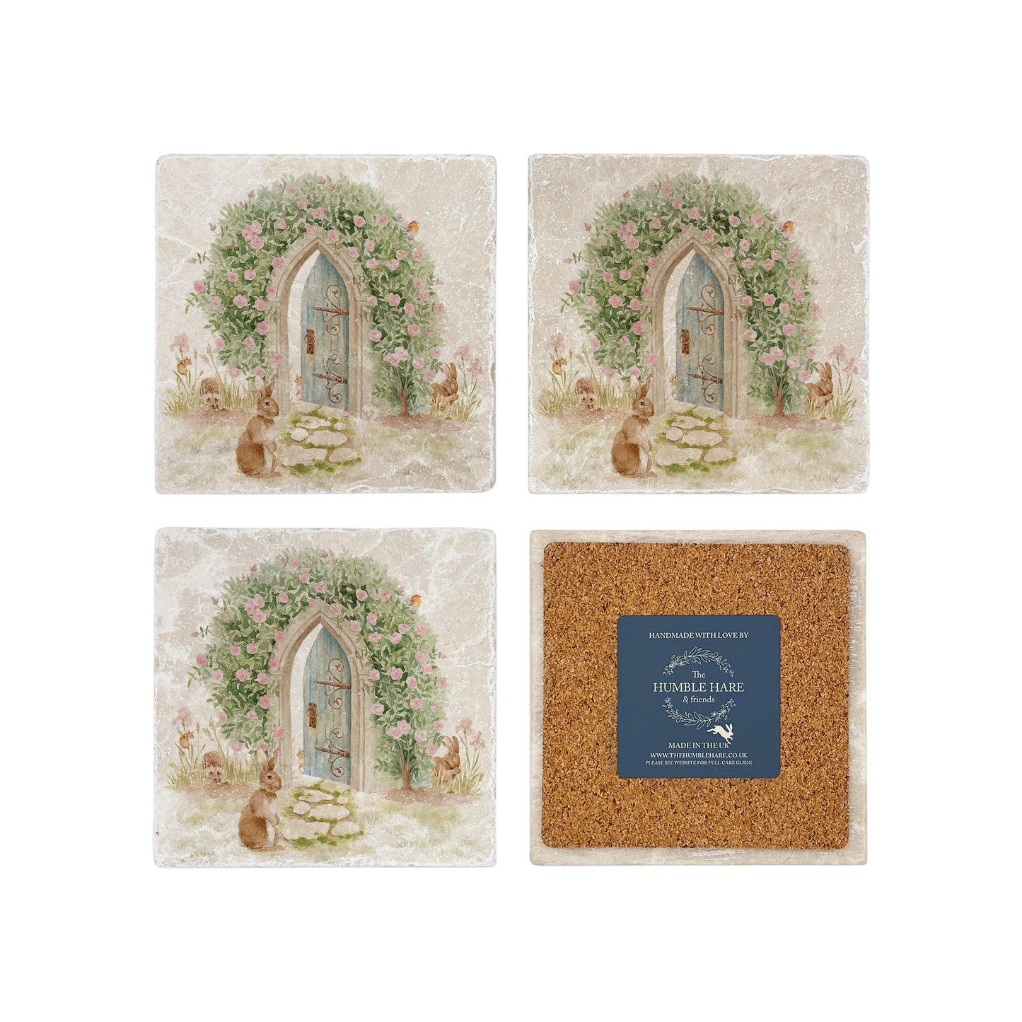 A set of 4 handmade marble coasters, featuring a watercolour design of a hidden door leading to a secret garden. One coaster is flipped to show that the coasters are backed with cork.