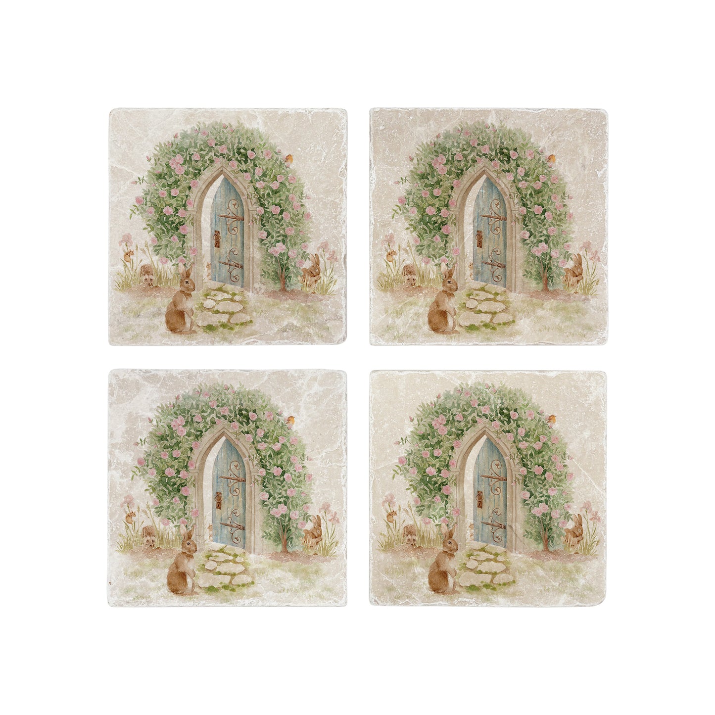 A set of 4 handmade marble coasters featuring a watercolour design of rabbits leading to the hidden door of a secret garden.