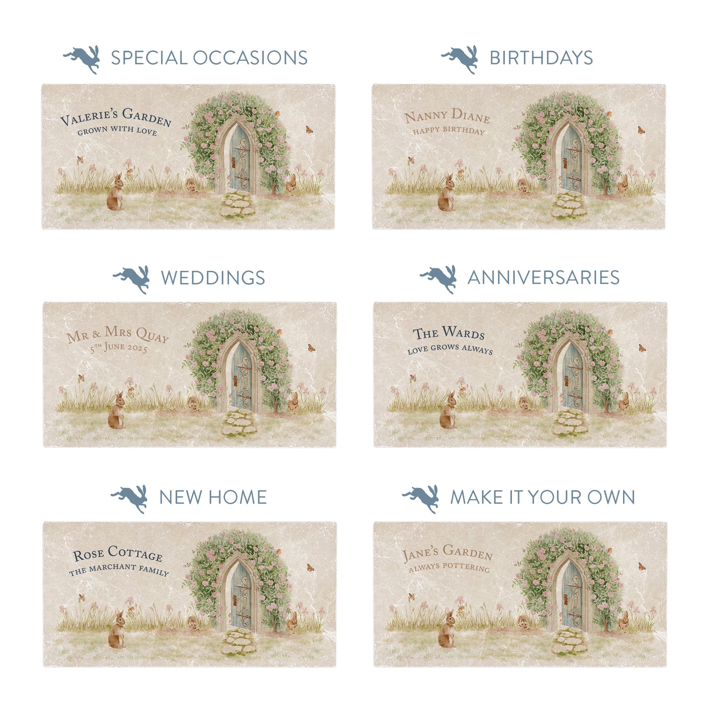 Collection of marble sharing platters showing the personalisation options available for all occasions including birthdays, weddings, anniversaries and new home gifts.