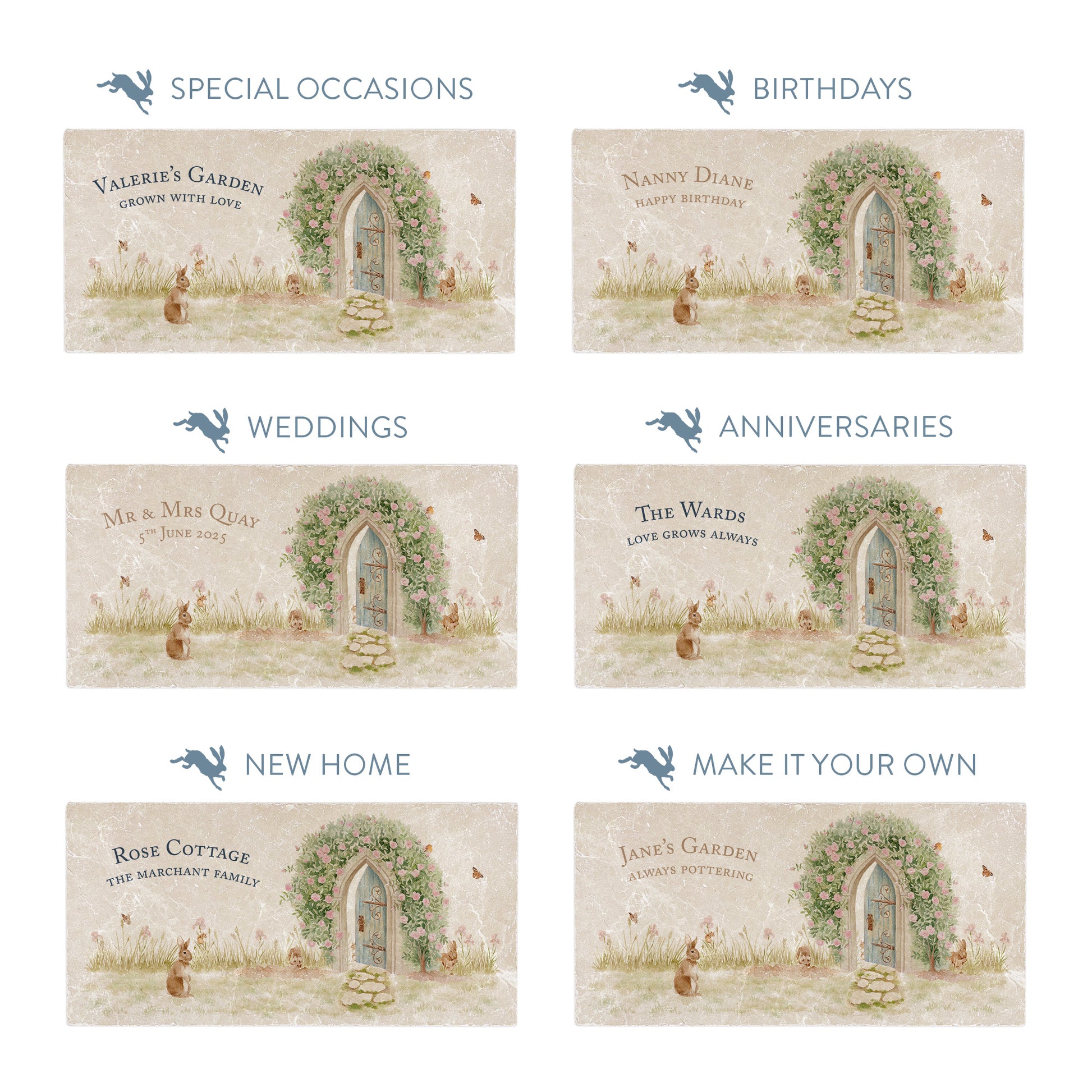 Collection of marble sharing platters showing the personalisation options available for all occasions including birthdays, weddings, anniversaries and new home gifts.